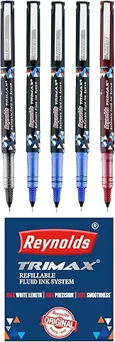 Reynolds TRIMAX RollerBall Pen SET - 5 PENS (3 BLUE 1 BLACK 1 RED)| ROLLER BALL PEN FOR WRITING