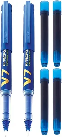 Pilot V7 Hi-tecpoint Roller ball pen with Cartridge System - 2 Blue Pens, 4 cartridges