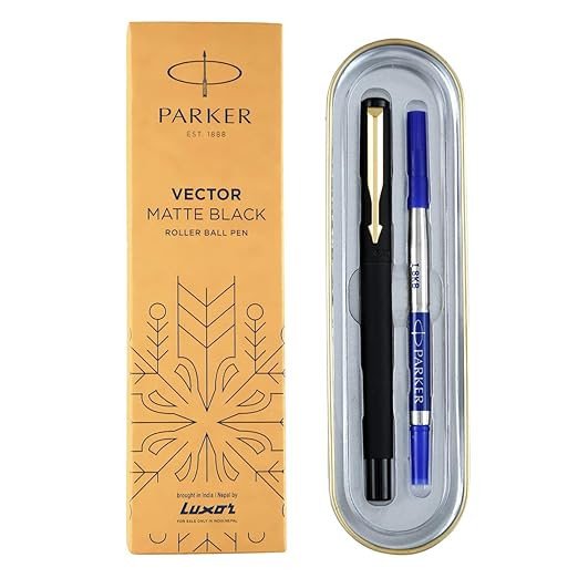 Parker Vector Matte Black Gold Trim Roller Ball Pen | Ink Color - Blue | Gift For Employees | Best Choice For Corporate Professionals